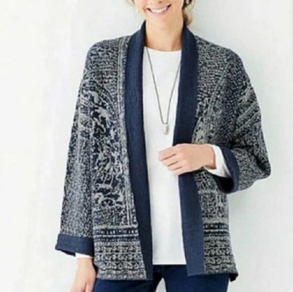 J. Jill kimono style open front cardigan abstract blue gray pattern size L